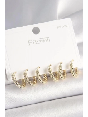 925 Ayar Gümüş Çivi Pirinç Gold Renk Sarmal Halka Model Kadın Küpe Seti