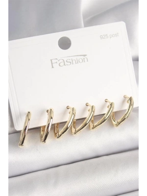 925 Ayar Gümüş Çivi Pirinç Gold Renk Üçgen Model Kadın Küpe Seti