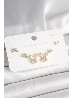 925 Ayar Gümüş Çivi Pirinç Gold Renk Zirkon Taşlı Kelebek Model Kadın Küpe Seti