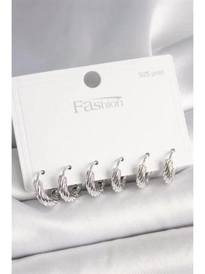 925 Ayar Gümüş Çivi Pirinç Gümüş Renk İşlemeli Halka Model Kadın Küpe Seti