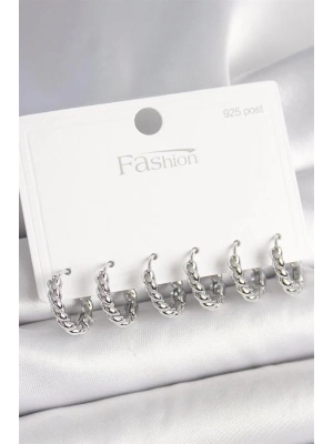 925 Ayar Gümüş Çivi Pirinç Gümüş Renk Sarmal Halka Model Kadın Küpe Seti