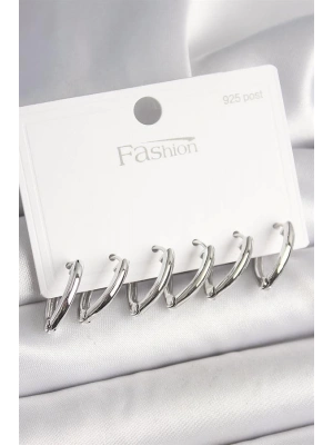 925 Ayar Gümüş Çivi Pirinç Gümüş Renk Üçgen Model Kadın Küpe Seti