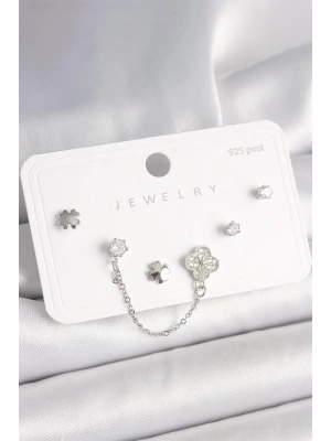 925 Ayar Gümüş Çivi Pirinç Gümüş Renk Zirkon Taşlı Yonca Model Sallantı Zincir Detay Kadın Küpe Seti