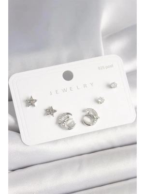 925 Ayar Gümüş Çivi Zirkon Taşlı Hilal Yıldız Model Kadın Küpe Seti