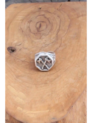 Balta Desenli Gümüş Renk Ayarlanabilir Erkek Yüzük