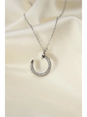 Çelik Silver Renk Zirkon Taşlı Çivi Model Kadın Kolye