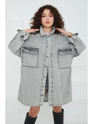 Düz Gömlek Yaka Kadın Gri Kuş Gözü Cepli Kot Ceket