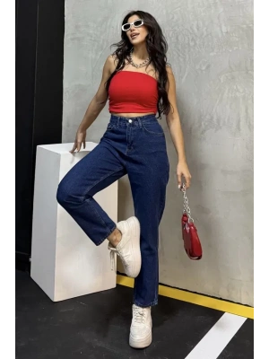 Düz Orta Kadın Mavi Slim Fit Mom pantolon