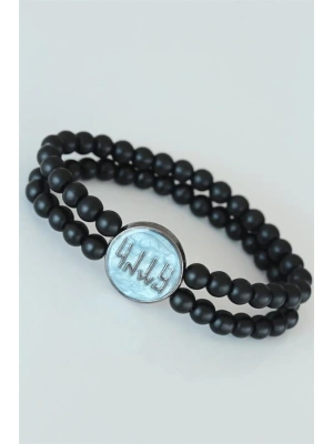 Eski Türkçe Göktürkçe Yazı Figürlü Açık Mavi Renk Metal Aksesuarlı Çift Sıra Oniks Doğal Taş Erkek Bileklik