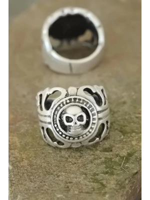 Eskitme Gümüş Renk Metal Kuru Kafa Tasarım Ayarlamalı Erkek Yüzük