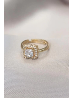 Gold Baget ve Zirkon Taşlı Kare Yüzük