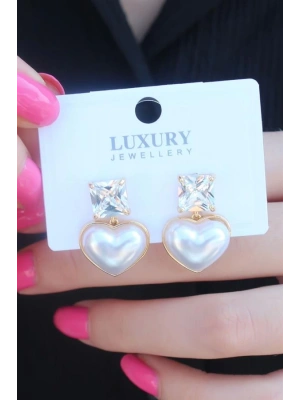 Gold Renk Kalp Model Zirkon Taşlı Pirinç Kadın Küpe