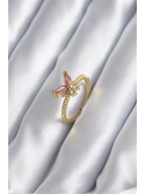 Gold Renk Pembe Zirkon Taşlı Kelebek Model Kadın Yüzük