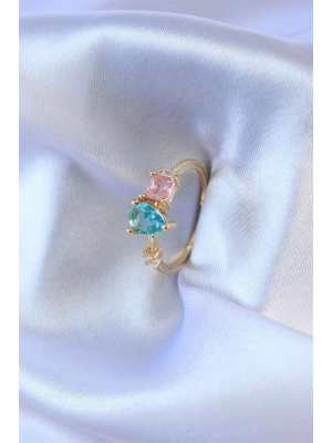 Gold Renk Renkli Zirkon Taşlı Pirinç Kadın Yüzük