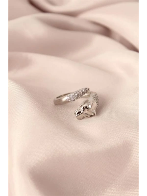 Gümüş Renk Metal Zirkon Taşlı Kaplan Model Ayarlanabilir Kadın Yüzük