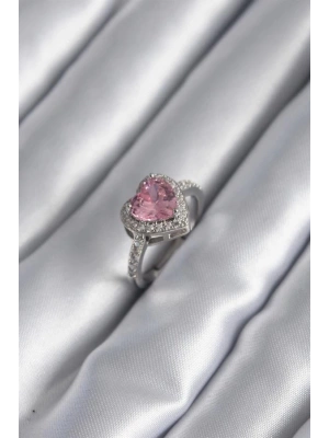 Gümüş Renk Pembe Zirkon Taşlı Charm Kalp Model Kadın Yüzük