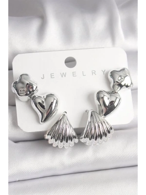 Gümüş Renk Yonca Kalp Deniz Kabuğu Figür CCB Kadın Küpe Seti