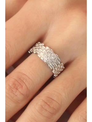 Gümüş Renk Zirkon Taşlı Kalpli Ayarlanabilir Kadın Yüzük