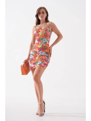 Kadın ince askılı desenli elbise s8105