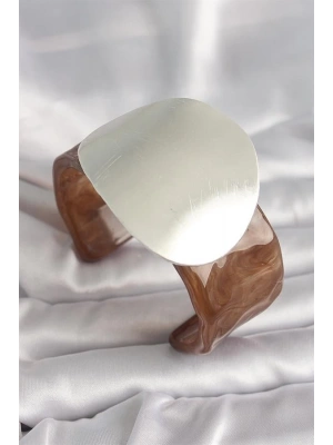Kahverengi Mermer Desen Akrilik Plastik Gümüş Plaka Model Vintage Kadın Bilezik