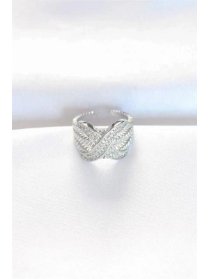 Kalın Zirkon Taşlı Silver Renk Ayarlanabilir X Tasarım Yüzük