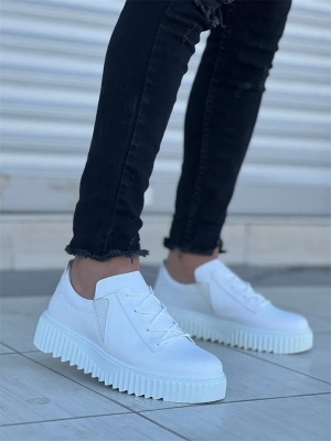 Kb-X502  Kuback Beyaz Cilt Yüksek Beyaz Taban Bağcık Detaylı Lastikli Günlük Erkek Ayakkabı