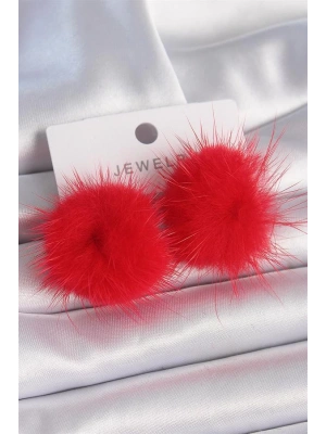 Kırmızı Tüylü Ponpon Model Kadın Küpe