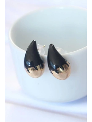 Minimal Siyah Mineli Çift Renk Damla Küpe