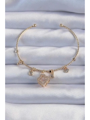 Pirinç Altın Renk Zirkon Taşlı Yonca Model Charm Bileklik