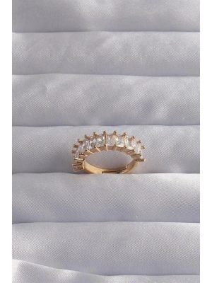 Pirinç Ayarlamalı Gold Renk Baget Taşlı Su Yolu Yüzük