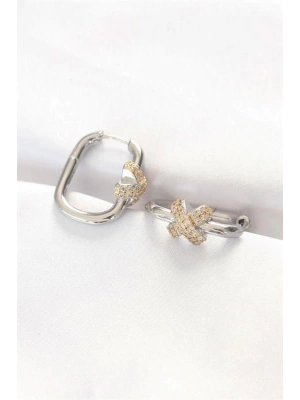 Pirinç Çift Renk Taşlı X Tasarımlı Dikdörtgen Küpe