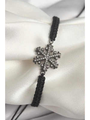 Pirinç Füme Renk Zirkon Taşlı Kar Tanesi Figür Makrome Asansörlü Model Kadın Bileklik