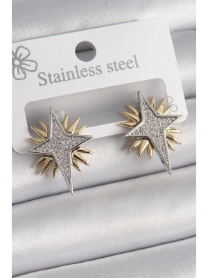 Pirinç Gold Gümüş Renk Zirkon Taşlı Kutup Yılıdız Model Kadın Küpe