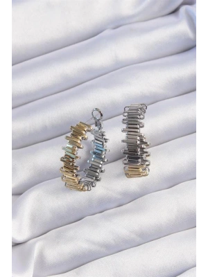 Pirinç Gold Gümüş Renkli Tırtıklı Halka Küpe