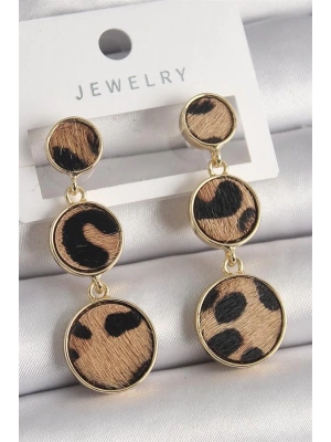 Pirinç Gold Renk 3Lü Leopar Desenli Sallantı Daire Plaka Model Kadın Küpe