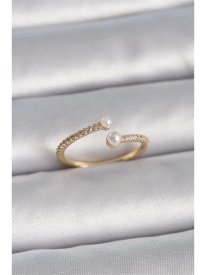Pirinç Gold Renk Ayarlanabilir Sıralı Zirkon Taşlı İnci Detay Kadın Yüzük