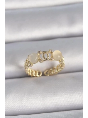 Pirinç Gold Renk Ayarlanabilir Zirkon Taşlı Beyaz Mineli Birleşik Halka Model Kadın Yüzük