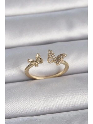 Pirinç Gold Renk Ayarlanabilir Zirkon Taşlı Kelebek Model Kadın Yüzük