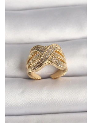 Pirinç Gold Renk Ayarlanabilir Zirkon Taşlı X Model Kadın Yüzük