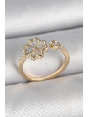 Pirinç Gold Renk Beyaz Mineli Yonca Model Zirkon Taş Detay Ayarlanabilir Kadın Yüzük