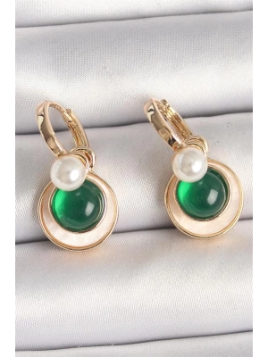 Pirinç Gold Renk Beyaz Yeşil Sallantı Mineli Kadın Küpe