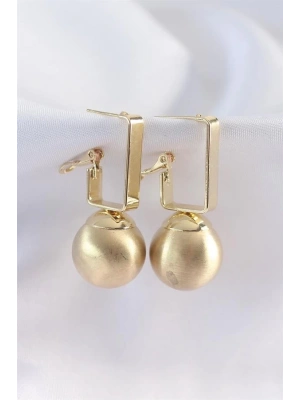 Pirinç Gold Renk Dikdörtgen Detay Oval Küpe