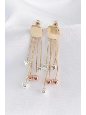 Pirinç Gold Renk Düz Plaka Renkli Kalp Detay Küpe