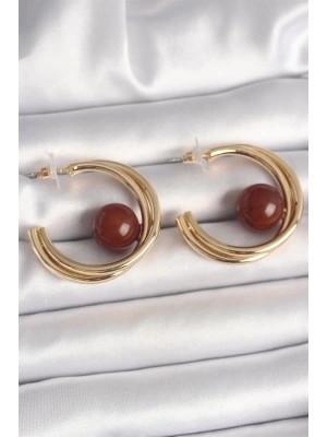Pirinç Gold Renk Halka Model Kahverengi Boncuk Detay Kadın Küpe