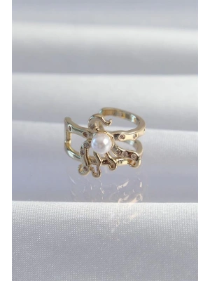 Pirinç Gold Renk İncili Ahtapot Earcuff Küpe