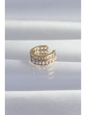 Pirinç Gold Renk İncili Baget Taşlı Earcuff Küpe