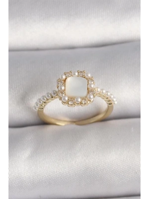 Pirinç Gold Renk İncili Kare Beyaz Mineli Ayarlanabilir Kadın Yüzük