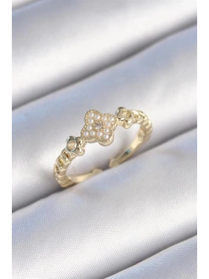 Pirinç Gold Renk İncili Yonca Model Zirkon Taş Detay Kadın Yüzük