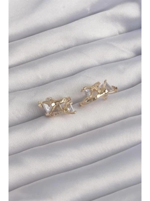 Pirinç Gold Renk İri Zirkon Taşlı Kıvrımlı Minimal Kelebekli Halka Küpe