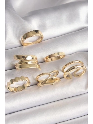 Pirinç Gold Renk İşlemeli Plaka Model 6Lı Kadın Yüzük Seti